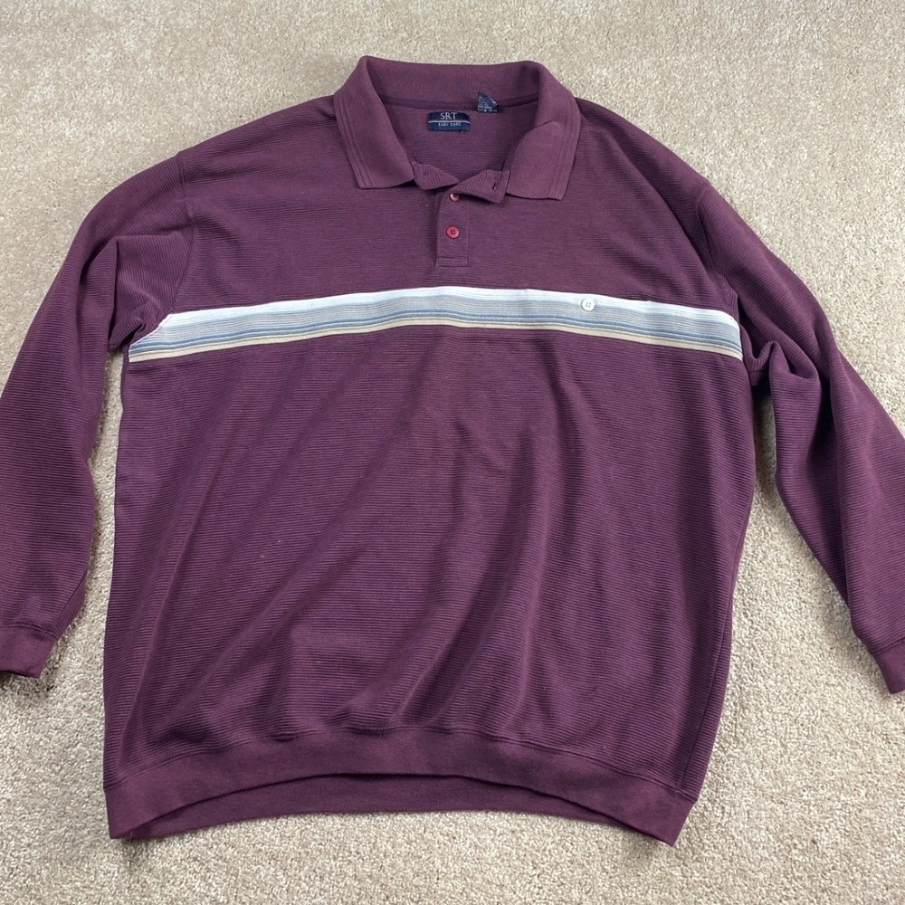 SRT Easy Care Mens 2X Burgundy Ribbed Long Sleeve Striped Polo Shirt Pullover